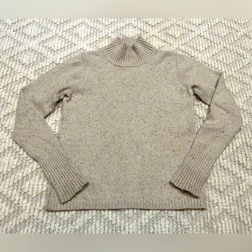 WOMENS L.L.BEAN OATMEAL/HEATHERED COTTON & WOOL BLEND MOCK NECK SWEATER, SMALL